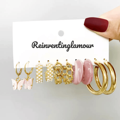 5 Piece Earring Set PINK/GOLD - Reinventing Glamour