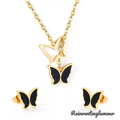 Gold/Black Butterfly Necklace Set (Stainless Steel) 3 - Reinventing Glamour