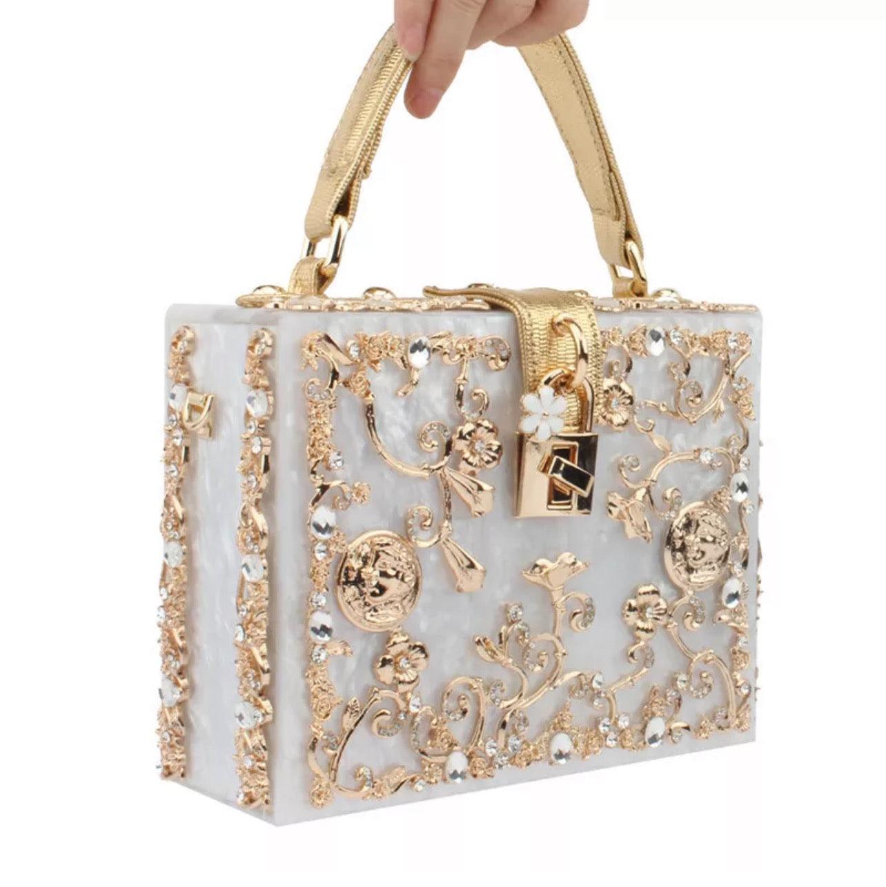 “Victorian” Acrylic Box Handbag Unique Purses Red & Gold